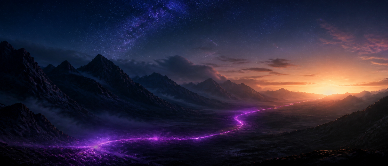 Paisaje montañoso con una ruta luminosa